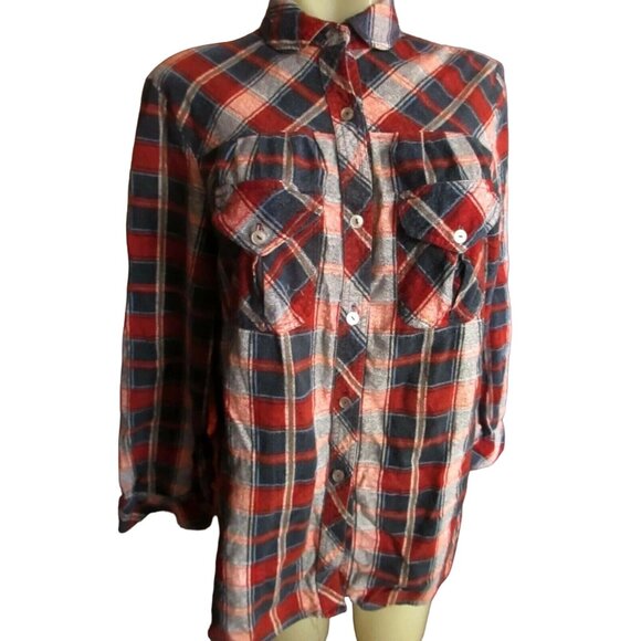 Vintage 1970s Medium Flannel Top Shirt Plaid Womens 11 Boho Winter Button Down - Picture 2 of 6